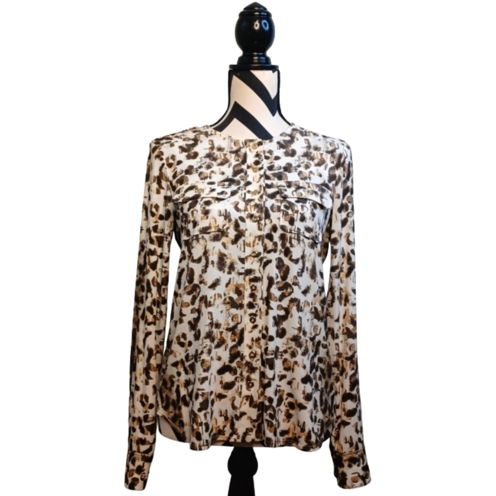 Worth Old Money Leopard Print Long Sleeve Button Down Front Blouse